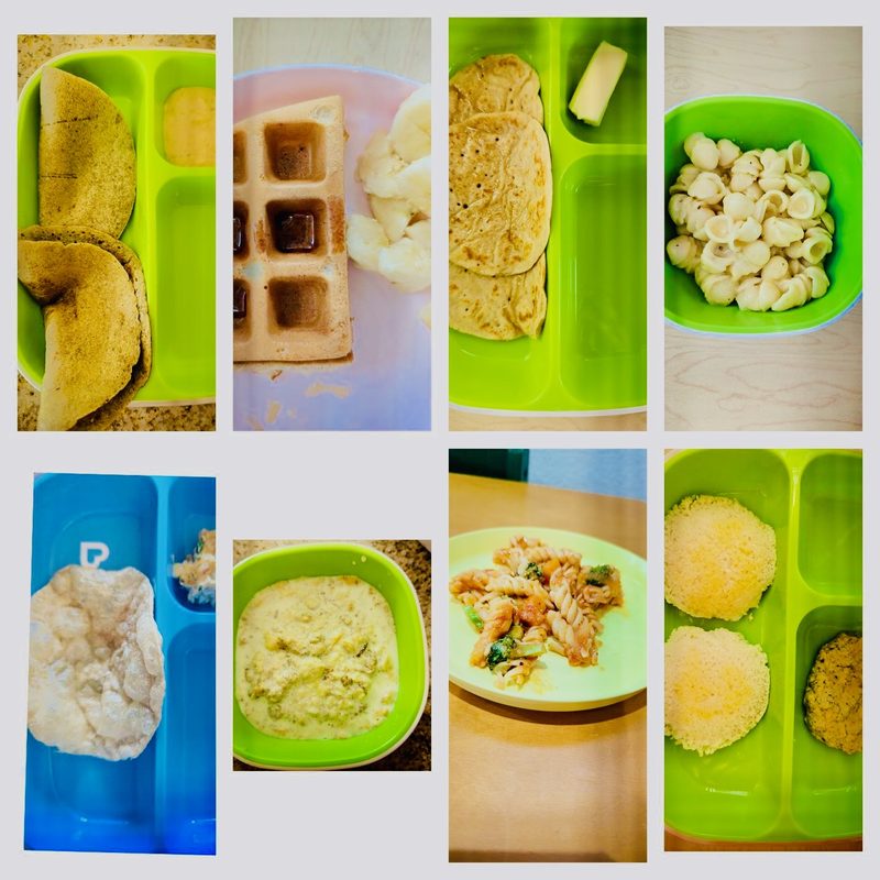 Grid of home-cooked meals — roti, waffles, pasta shells, rice with dal, pomegranate — served fresh in colorful trays