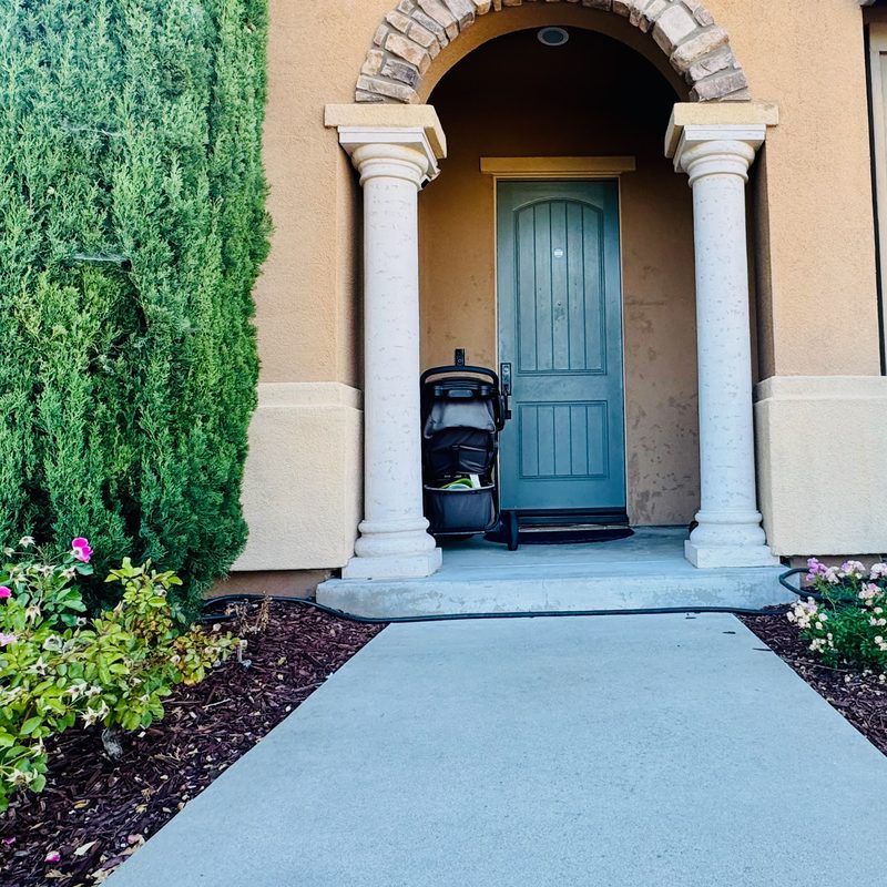 Arched front entryway with cypress tree and pink roses along the walkway